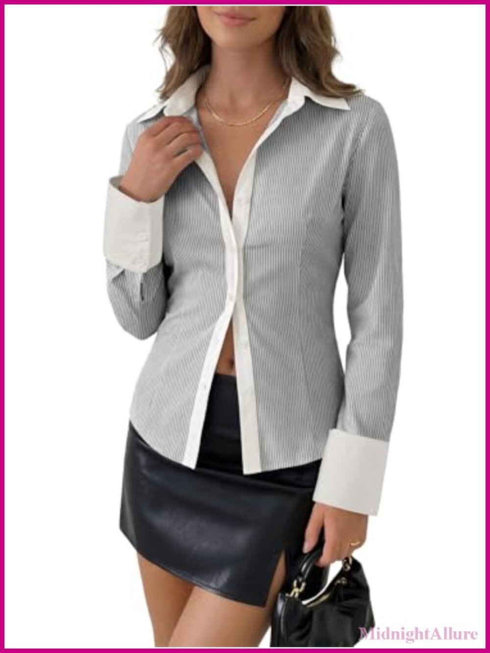 Women's Striped Long Sleeve Button Down Shirt Wrinkle-Free Professional Blouse